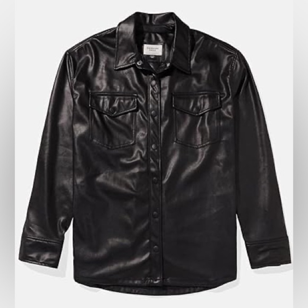 American Eagle Outfitters Women’s Black Faux Leather Shirt Jacket